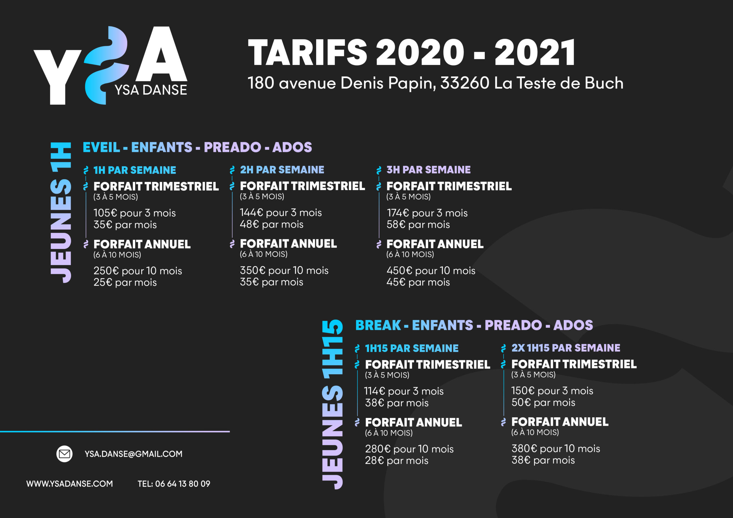 affiche-tarifs-jeunes Affiche des tarifs jeunes 2020/2021 au Studio Ysa Danse